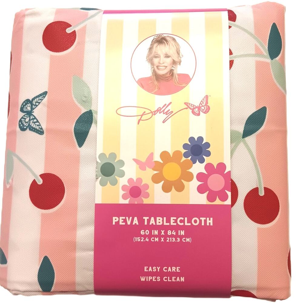 Dolly Parton Cherry Blossom PEVA Tablecloth 60x84 - Pink Stripe Floral